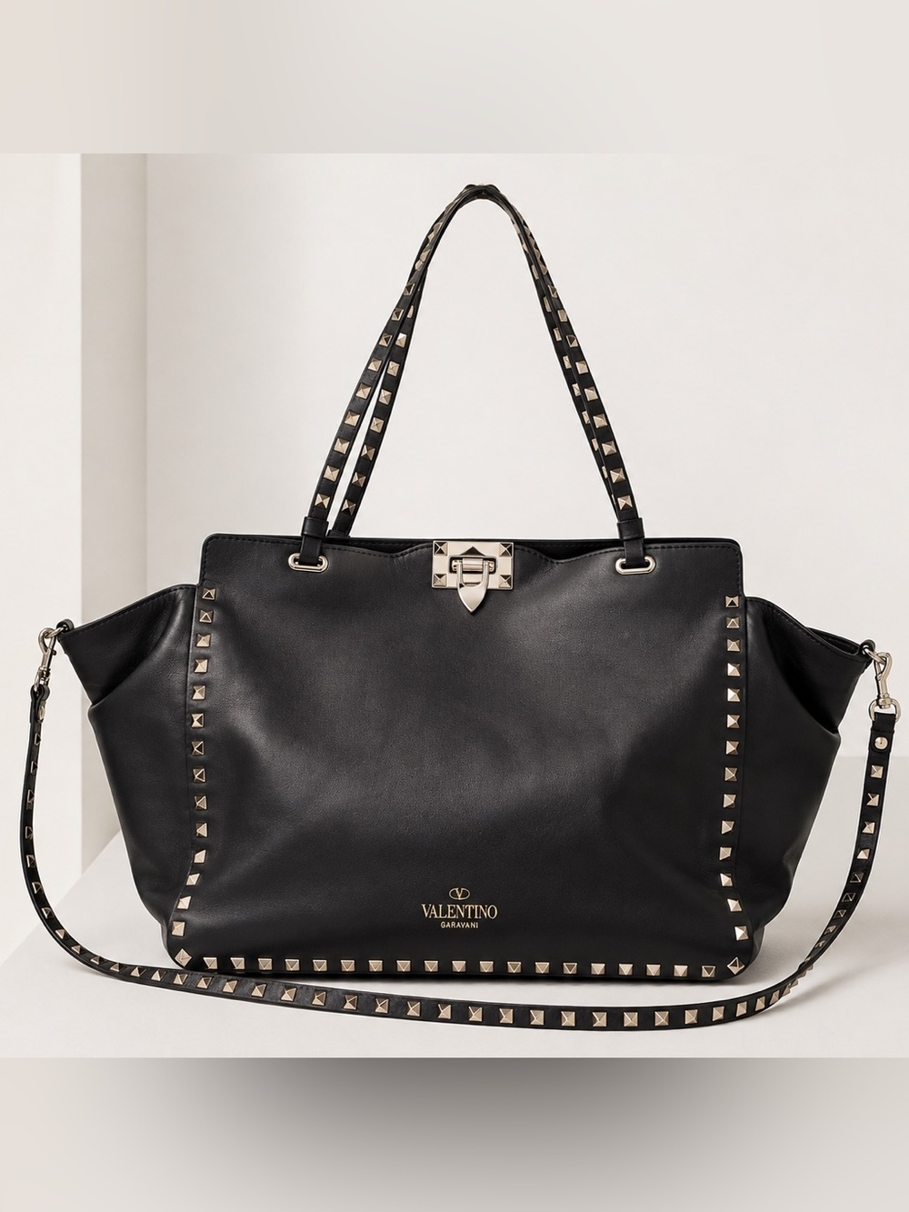 Valentino Garavani Black Rockstud Leather Tote Large